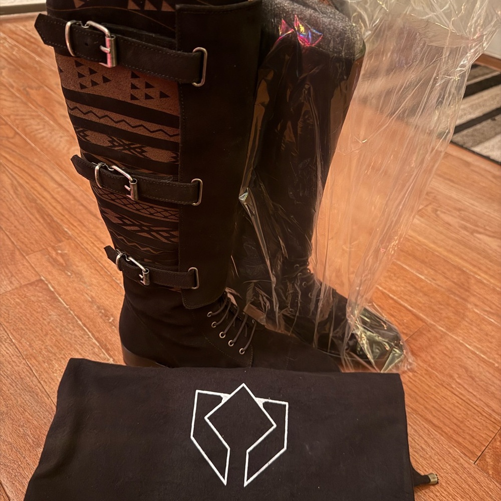 Cobra Society Black and Brown Knee-High Boots with Buckle Detail Equestrian